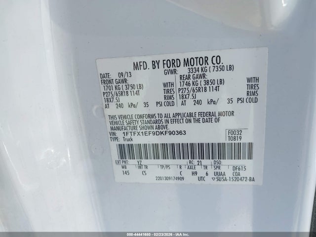 44441680 :رقم المزاد ، 1FTFX1EF9DKF90363 vin ، 2013 Ford F-150 Stx مزاد بيع