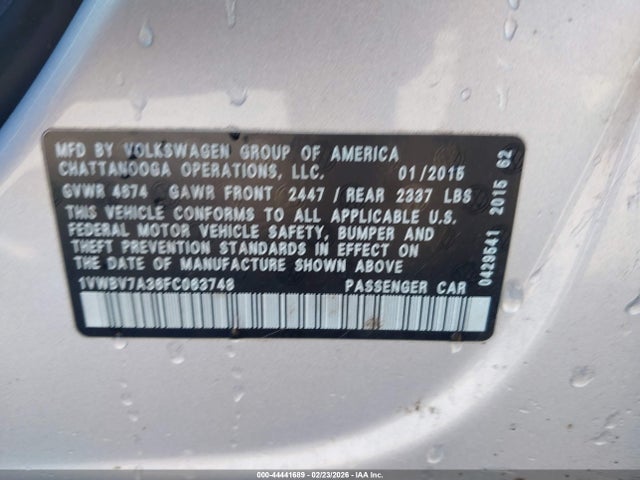 44441689 :رقم المزاد ، 1VWBV7A36FC063748 vin ، 2015 Volkswagen Passat 2.0l Tdi Se مزاد بيع