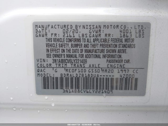 44441725 :رقم المزاد ، 3N1AB8CV6LY221409 vin ، 2020 Nissan Sentra Sv Xtronic Cvt مزاد بيع