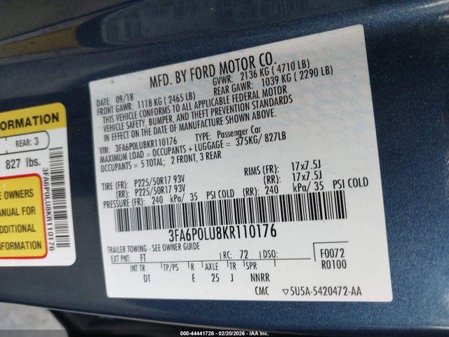 Ford Fusion Hybrid Se 2019 3FA6P0LU8KR110176 Image 9