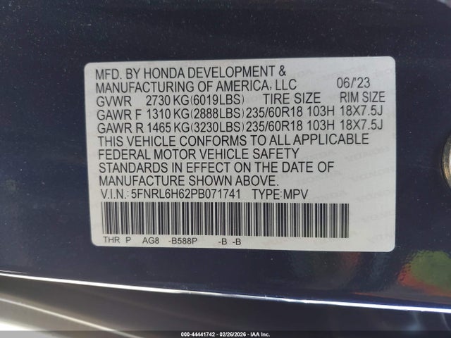 5FNRL6H62PB071741 Honda Odyssey Ex-l