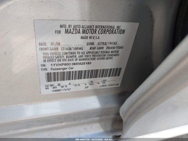 Aukcja sprzedaży 2008 Mazda Mazda6 I Sport Ve, vin: 1YVHP80C385M25180, numer aukcji: 44441750
