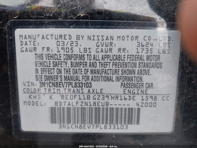 Aukcja sprzedaży 2023 Nissan Versa 1.6 Sv Xtronic Cvt, vin: 3N1CN8EV7PL833103, numer aukcji: 44441802