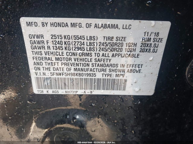 Auction sale of the 2019 Honda Pilot Touring, vin: 5FNYF5H98KB019935, lot number: 44441844