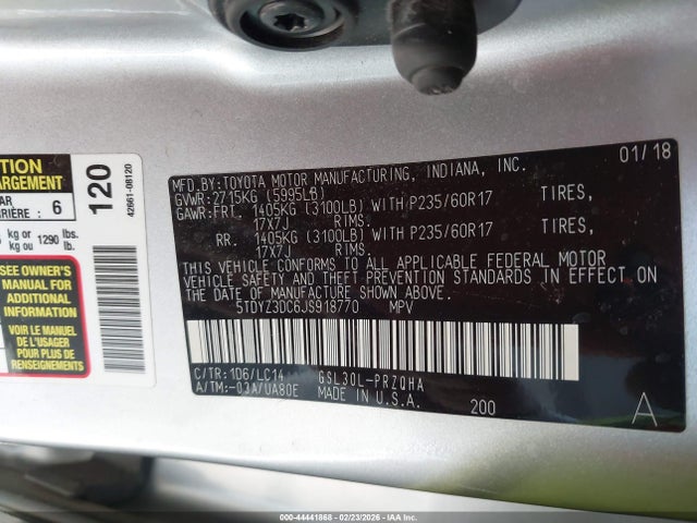5TDYZ3DC6JS918770 Toyota Sienna Xle 8 Passenger