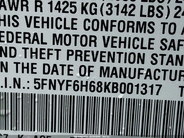 5FNYF6H68KB001317 Honda Pilot Touring