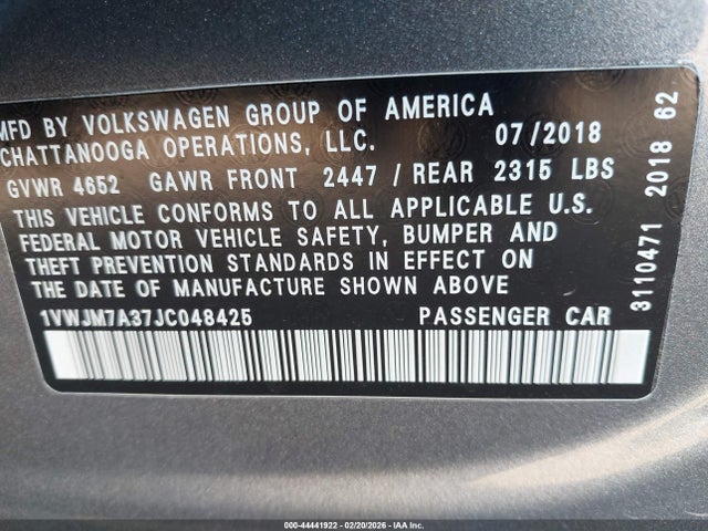 Aukcja sprzedaży 2018 Volkswagen Passat 3.6l V6 Gt, vin: 1VWJM7A37JC048425, numer aukcji: 44441922