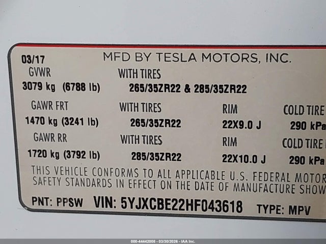 2017 Tesla Model X 100d/75d/90d მანქანა იყიდება აუქციონზე, vin: 5YJXCBE22HF043618, აუქციონის ნომერი: 44442008