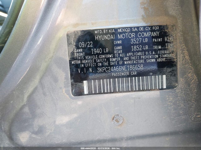 Aukcja sprzedaży 2022 Hyundai Accent Se, vin: 3KPC24A66NE186658, numer aukcji: 44442028