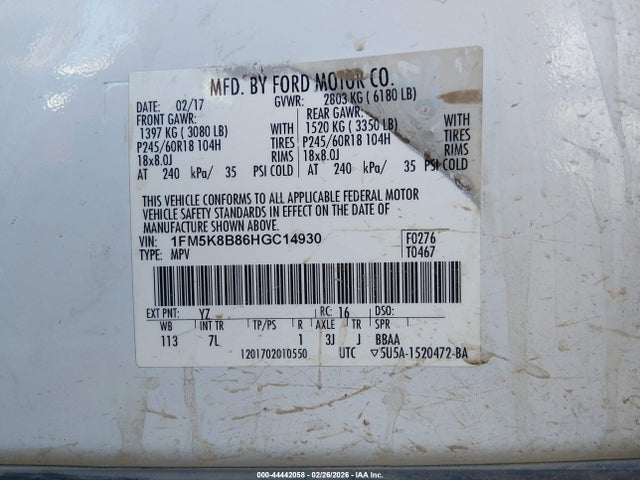 1FM5K8B86HGC14930 Ford Explorer