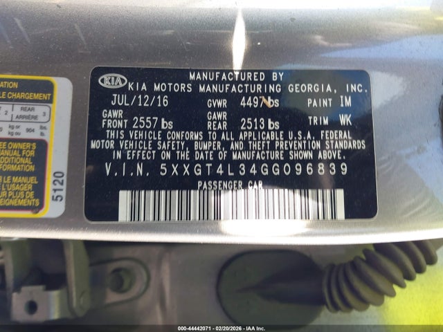 44442071 :رقم المزاد ، 5XXGT4L34GG096839 vin ، 2016 Kia Optima Lx مزاد بيع