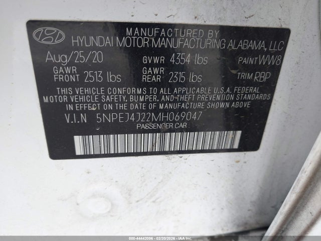 5NPEJ4J22MH069047 Hyundai Sonata Sel Plus