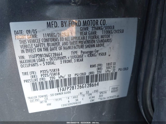 2006 Ford Five Hundred Limited მანქანა იყიდება აუქციონზე, vin: 1FAFP28126G128664, აუქციონის ნომერი: 44442118