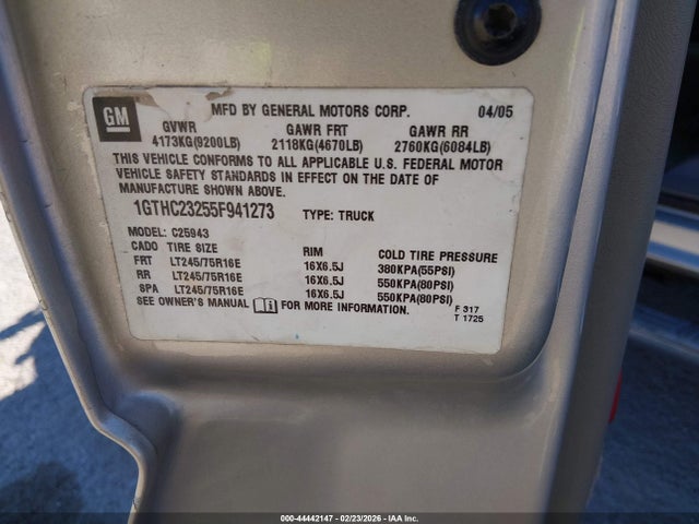44442147 :رقم المزاد ، 1GTHC23255F941273 vin ، 2005 Gmc Sierra 2500hd Sle مزاد بيع