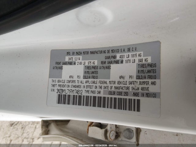 44442156 :رقم المزاد ، 3MZBM1L71FM174612 vin ، 2015 Mazda Mazda3 I Touring مزاد بيع