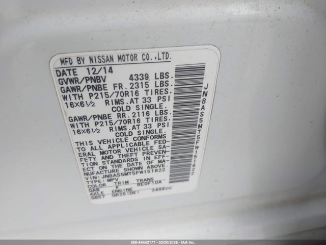 JN8AS5MT5FW151622 Nissan Rogue Select S