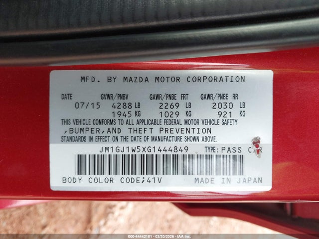 44442181 :رقم المزاد ، JM1GJ1W5XG1444849 vin ، 2016 Mazda Mazda6 I Grand Touring مزاد بيع