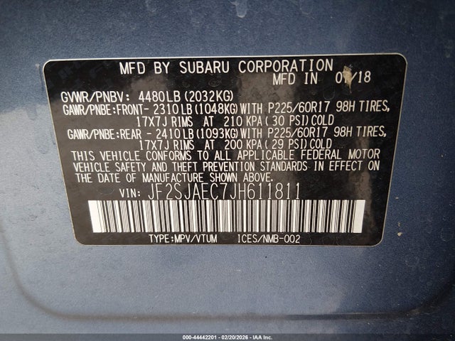 44442201 :رقم المزاد ، JF2SJAEC7JH611811 vin ، 2018 Subaru Forester 2.5i Premium مزاد بيع