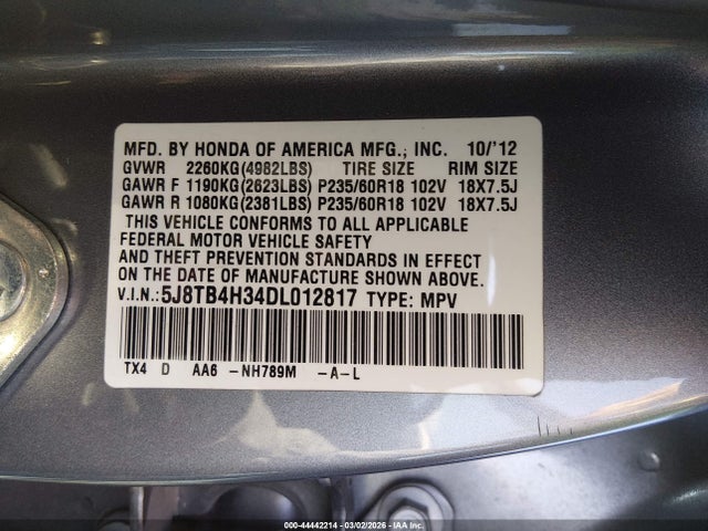 2013 Acura Rdx მანქანა იყიდება აუქციონზე, vin: 5J8TB4H34DL012817, აუქციონის ნომერი: 44442214