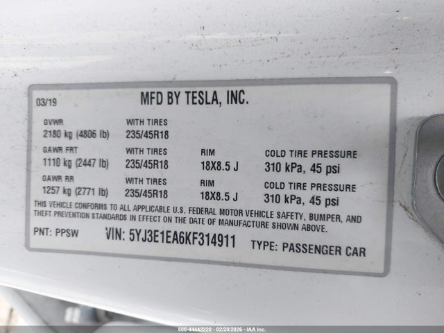 2019 TESLA MODEL 3 5YJ3E1EA6KF314911 Photo 8