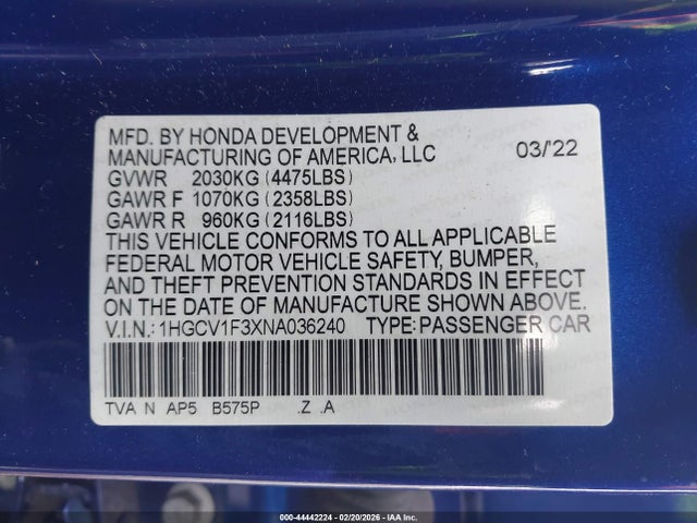 1HGCV1F3XNA036240 Honda Accord Sport