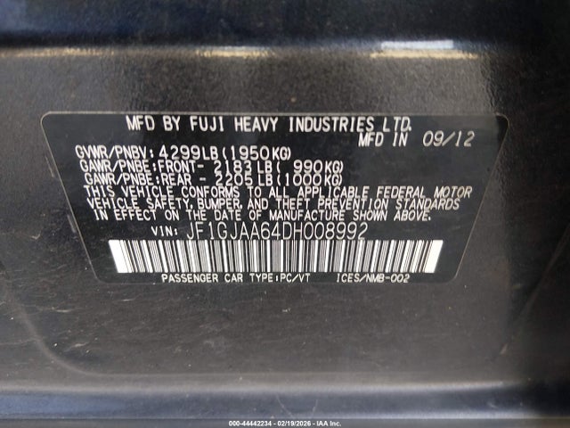 Продажа на аукционе авто 2013 Subaru Impreza 2.0i, vin: JF1GJAA64DH008992, номер лота: 44442234