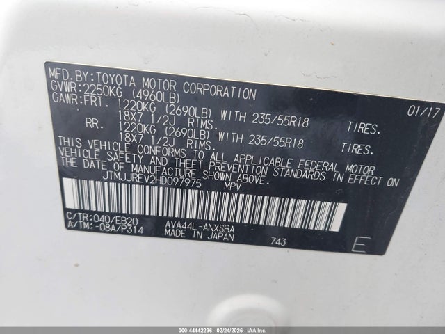 44442236 :رقم المزاد ، JTMJJREV2HD097975 vin ، 2017 Toyota Rav4 Hybrid Se مزاد بيع