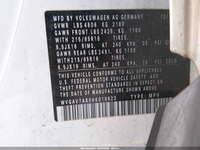 Aukcja sprzedaży 2017 Volkswagen Tiguan 2.0t/2.0t S, vin: WVGAV7AX0HK019623, numer aukcji: 44442245