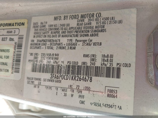 2019 FORD FUSION 3FA6P0CD1KR264678 Photo 8