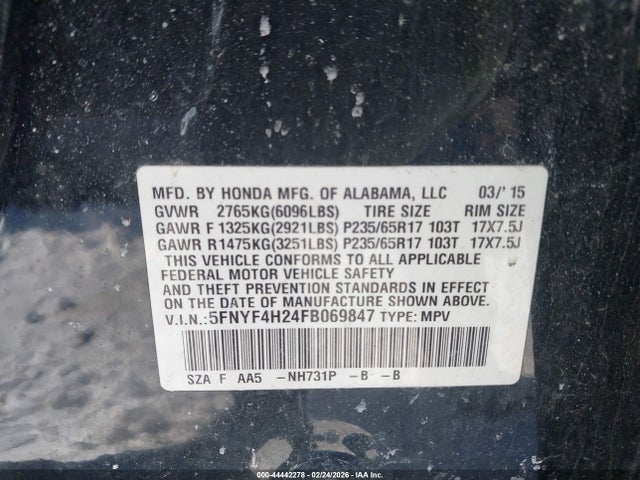 Honda PILOT LX 2015 5FNYF4H24FB069847 Image 9