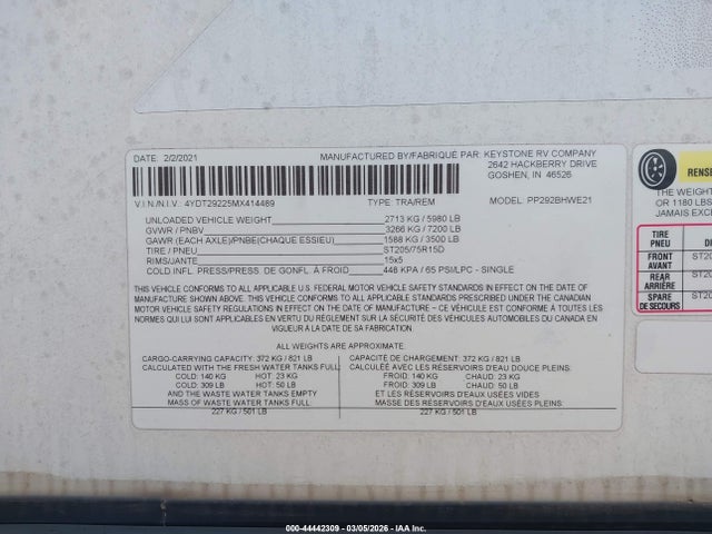 Продажа на аукционе авто 2021 Keystone Passport, vin: 4YDT29225MX414489, номер лота: 44442309
