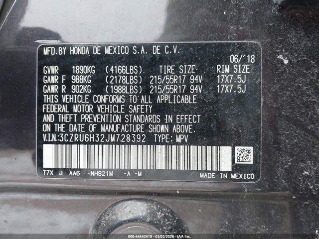44442419 :رقم المزاد ، 3CZRU6H32JM728392 vin ، 2018 Honda Hr-v Lx مزاد بيع