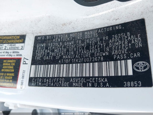 2015 Toyota Camry Se მანქანა იყიდება აუქციონზე, vin: 4T1BF1FK2FU073678, აუქციონის ნომერი: 44442444