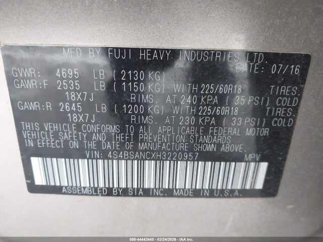 4S4BSANCXH3220957 Subaru Outback 2.5i Limited