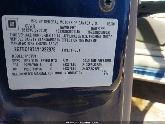 Aukcja sprzedaży 2000 Gmc Sierra 1500 Sle, vin: 2GTEC19T4Y1322978, numer aukcji: 44442464