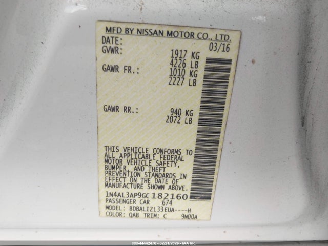 1N4AL3AP9GC182160 Nissan Altima 2.5 Sv