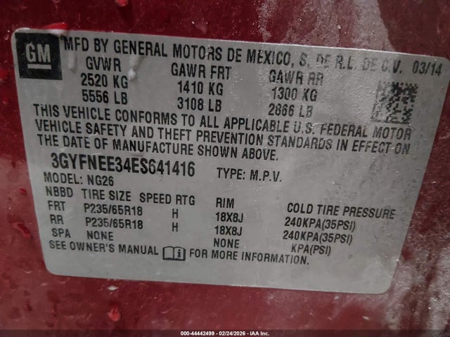 44442499 :رقم المزاد ، 3GYFNEE34ES641416 vin ، 2014 Cadillac Srx Luxury Collection مزاد بيع