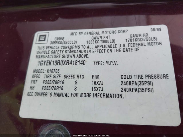 1999 CADILLAC ESCALADE 1GYEK13R0XR418140 Photo 8