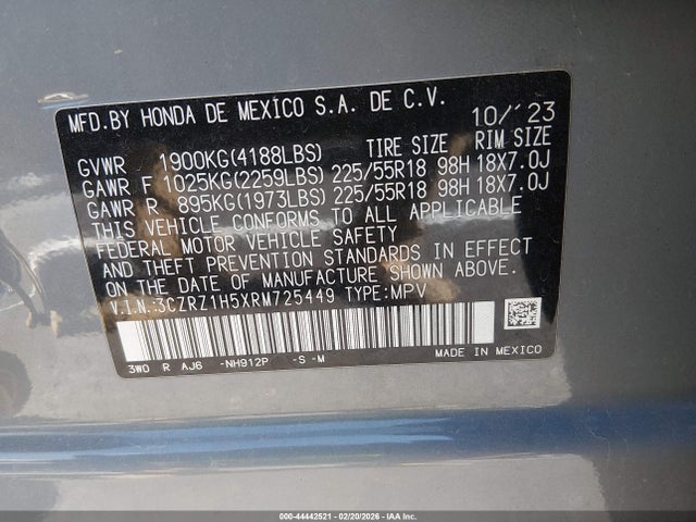 3CZRZ1H5XRM725449 Honda Hr-v 2wd Sport/2wd Sport W/o Bsi