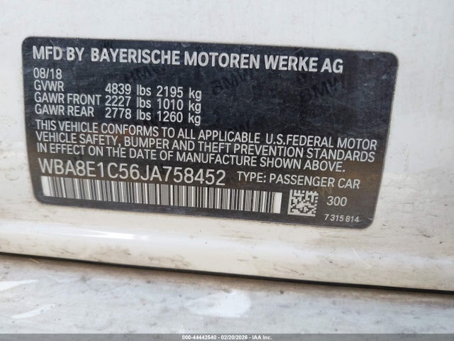 2018 Bmw 330e Iperformance მანქანა იყიდება აუქციონზე, vin: WBA8E1C56JA758452, აუქციონის ნომერი: 44442540