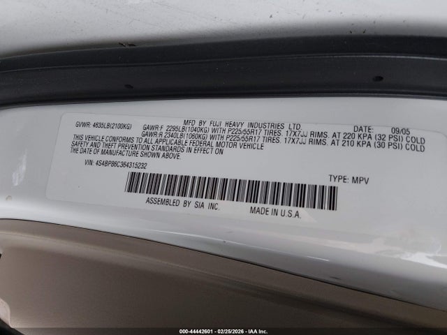 44442601 :رقم المزاد ، 4S4BP86C364315232 vin ، 2006 Subaru Outback 3.0r L.l. Bean Edition مزاد بيع