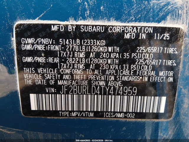 44442603 :رقم المزاد ، JF2BURLD4TY474959 vin ، 2026 Subaru Outback Wilderness مزاد بيع