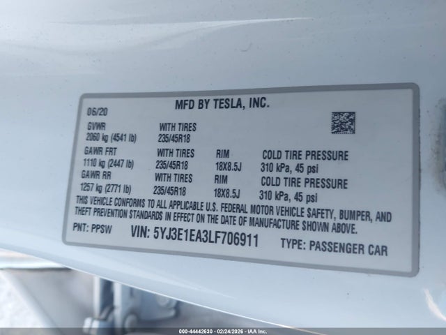 Продаж на аукціоні авто 2020 Tesla Model 3 Standard Range Plus Rear-wheel Drive/standard Range Rear-wheel Drive, vin: 5YJ3E1EA3LF706911, номер лоту: 44442630