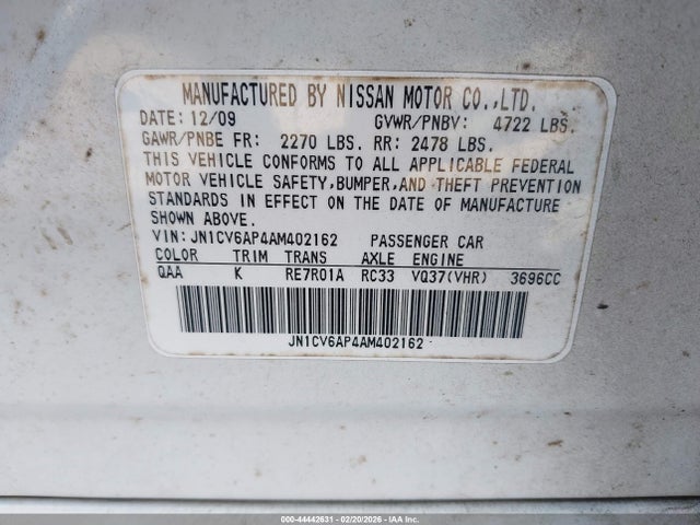 2010 Infiniti G37 Journey მანქანა იყიდება აუქციონზე, vin: JN1CV6AP4AM402162, აუქციონის ნომერი: 44442631