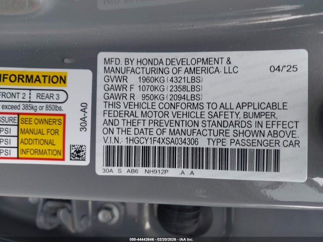 Aukcja sprzedaży 2025 Honda Accord Se, vin: 1HGCY1F4XSA034306, numer aukcji: 44442646