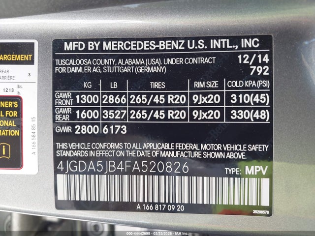 Aukcja sprzedaży 2015 Mercedes-benz Ml 350, vin: 4JGDA5JB4FA520826, numer aukcji: 44442698