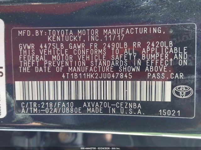 4T1B11HK2JU047845 Toyota CAMRY LE