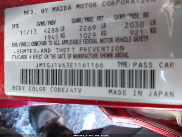 2014 Mazda Mazda6 I Touring მანქანა იყიდება აუქციონზე, vin: JM1GJ1V63E1161166, აუქციონის ნომერი: 44442829