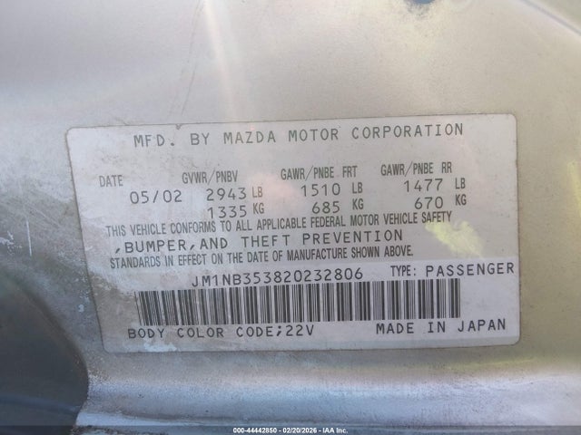 Продаж на аукціоні авто 2002 Mazda Mx-5 Miata Cloth/ls/se, vin: JM1NB353820232806, номер лоту: 44442850