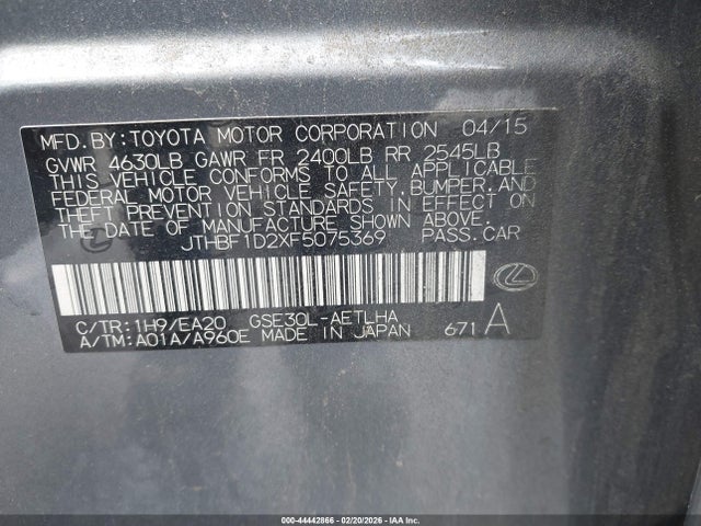 44442866 :رقم المزاد ، JTHBF1D2XF5075369 vin ، 2015 Lexus Is 250 مزاد بيع